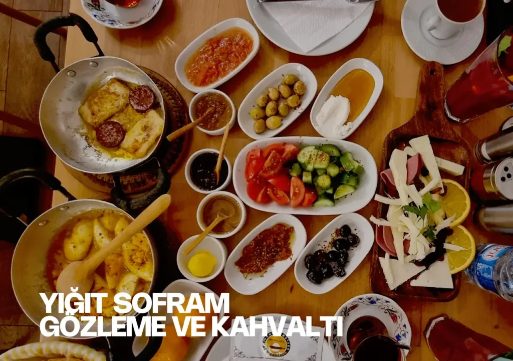 A traditional Turkish breakfast at Yiğit Sofram, featuring gözleme and other breakfast dishes.